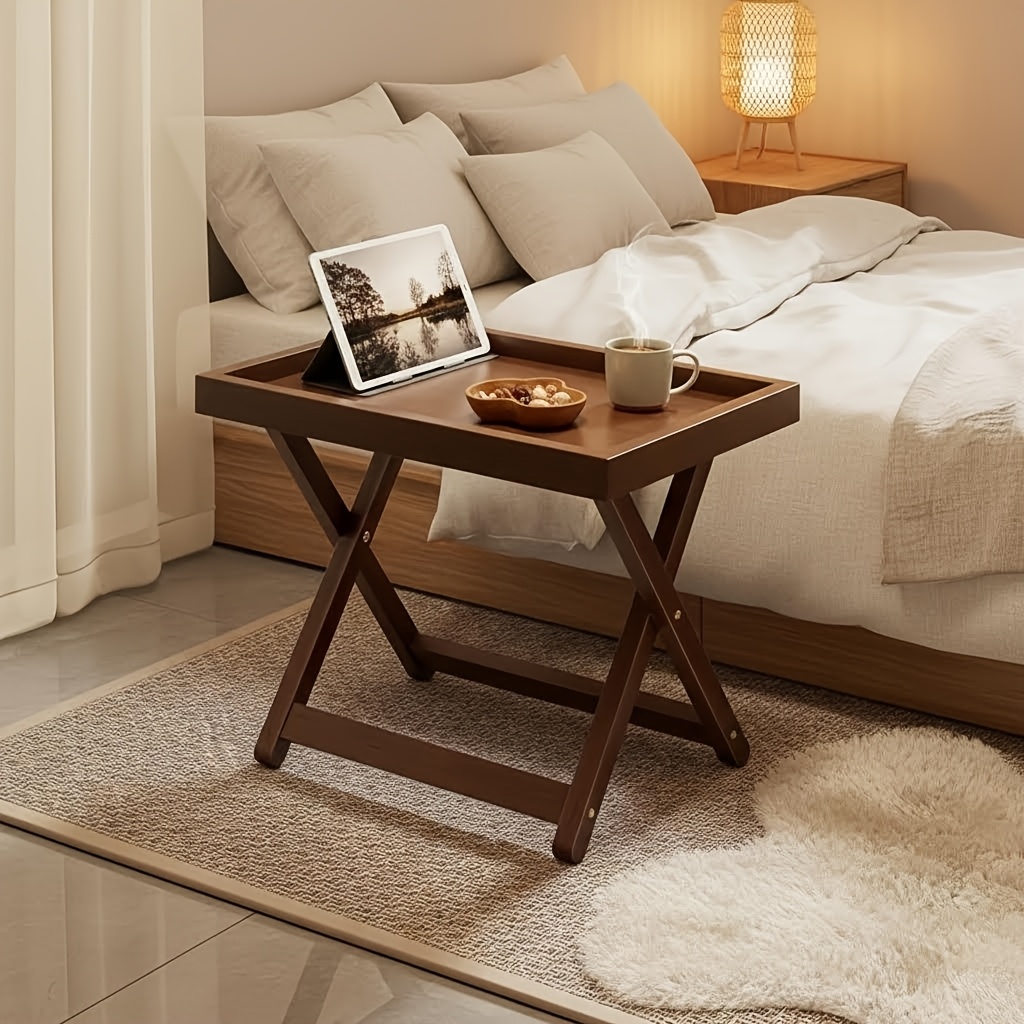 Foldable Side Table with Raised Edge Tray, X-Shaped Legs, Multi-Purpose Bedside & Sofa Table for Bedroom Living Room Bay Window