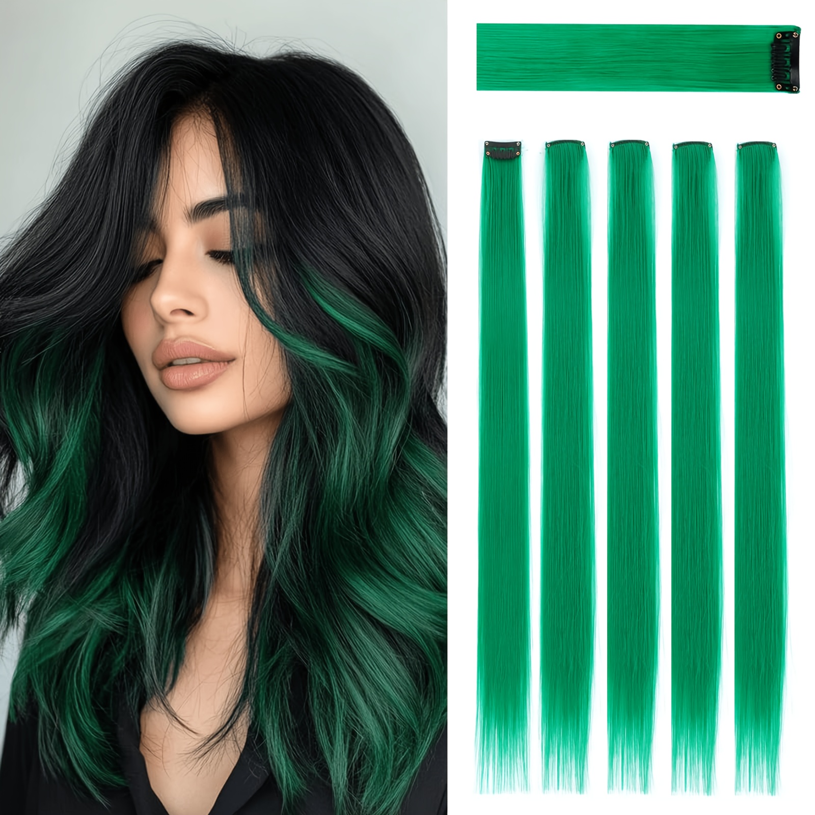 TEMU 5 stuks Groene Haarextensies | 24" Clip-in Haarextensie | Lang Haar Extensies Clip-in Synthetisch Haarstuk Geschikt voor Dagelijks Gebruik Dames