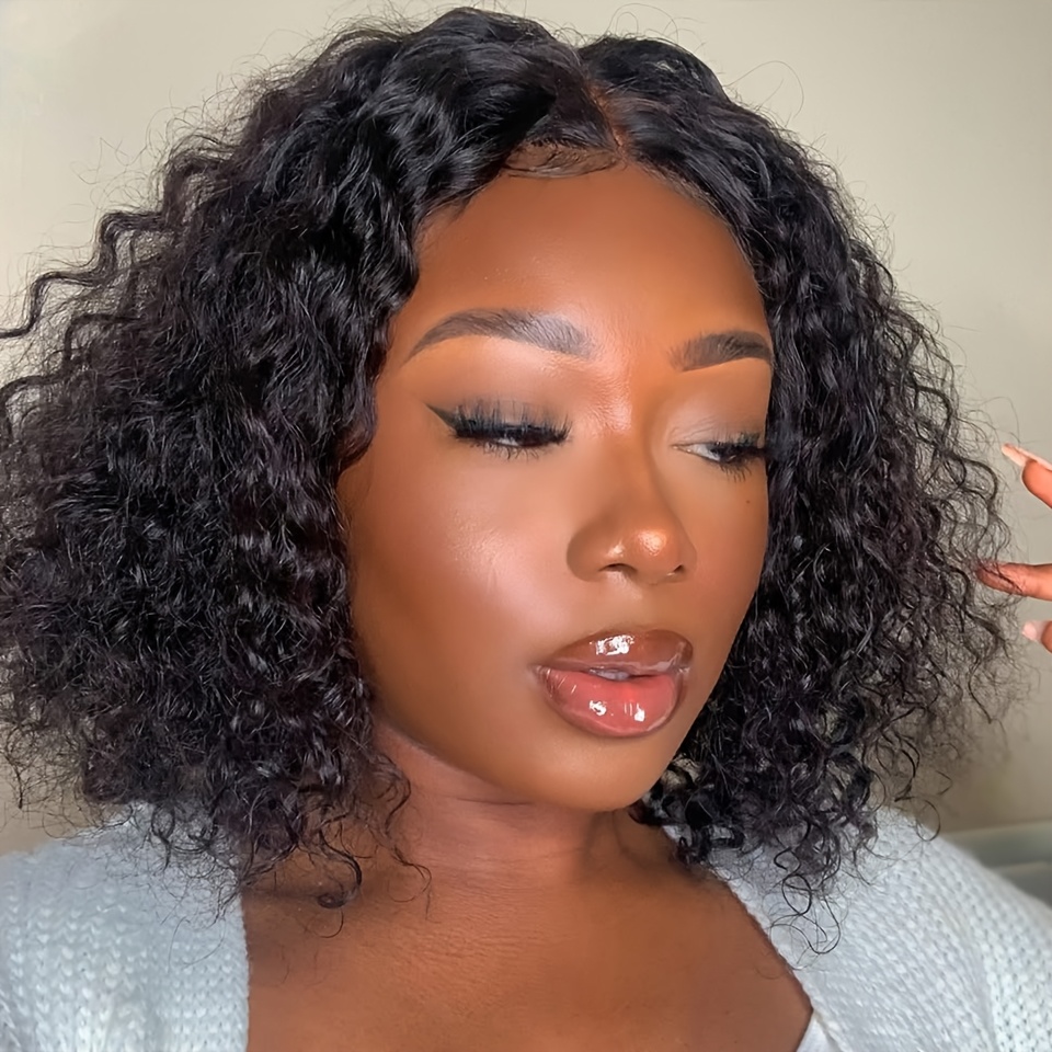Image of Brazilian Human Hair Wigs Suitable For Women - Glueless Lace Front Wig With 4x4 Transparent Lace Base, , Short Wigs, 150% Density Natural Black 1b Hair For African &