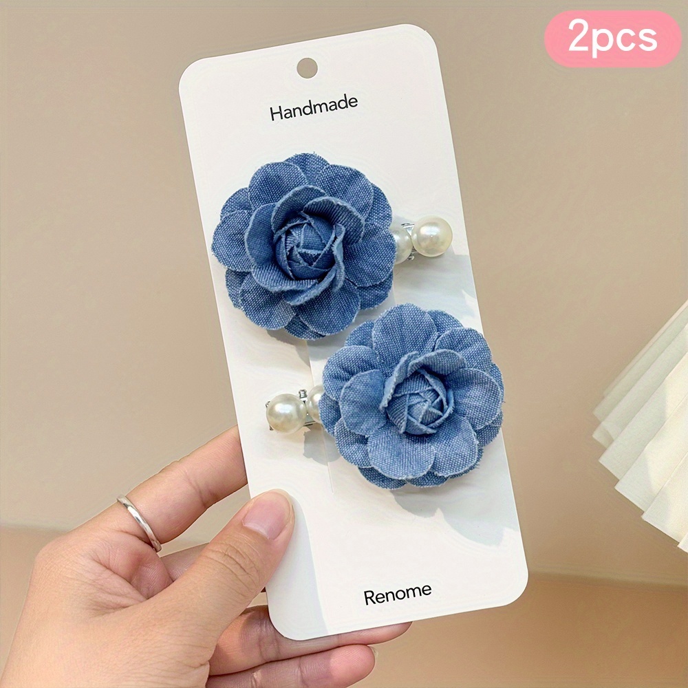 2pcs flower hair clips denim floral hair barrettes camellia - Temu