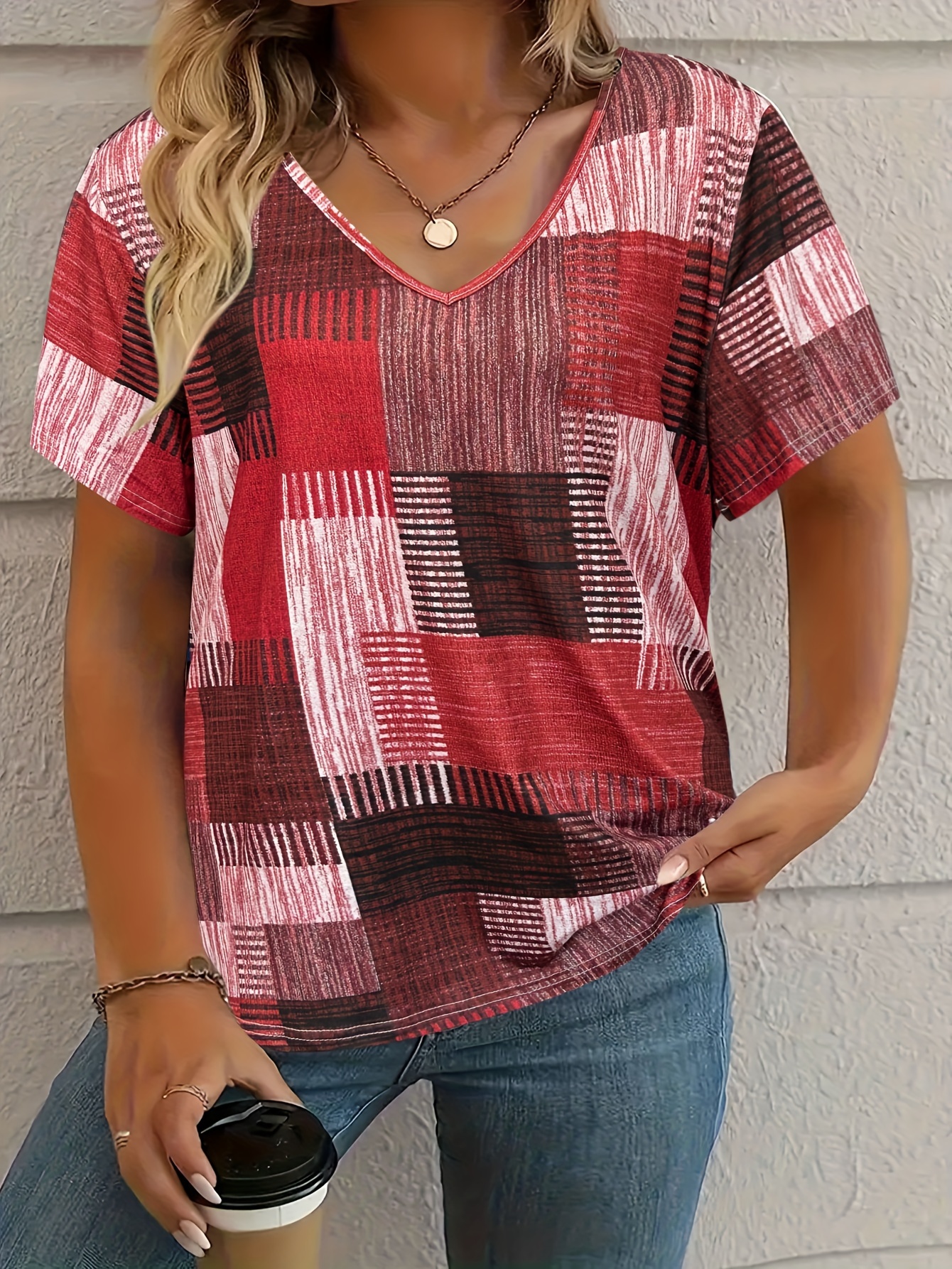 Plus Size, Plus Size Women's Casual V-Neck Short Sleeve T-Shirt - Stretchy Patchwork Print Top with Lime Green & Purple Geometric Design, Machine Washable for Spring Summer Fall, Seasonal Fashion, Nontransparent Fabric, Highelastic Material