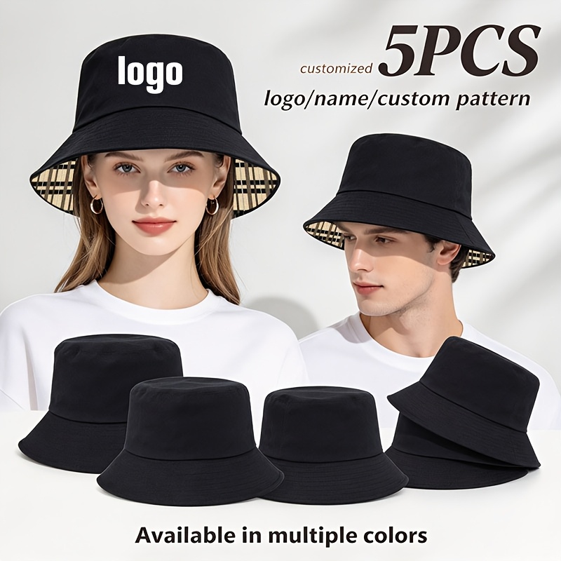 TEMU 5pcs Set Customizable Fashion Fisherman Hats, Unisex With Logo Printing, Team Name Or Company Name, Double-sided Wearable Advertising Hats,