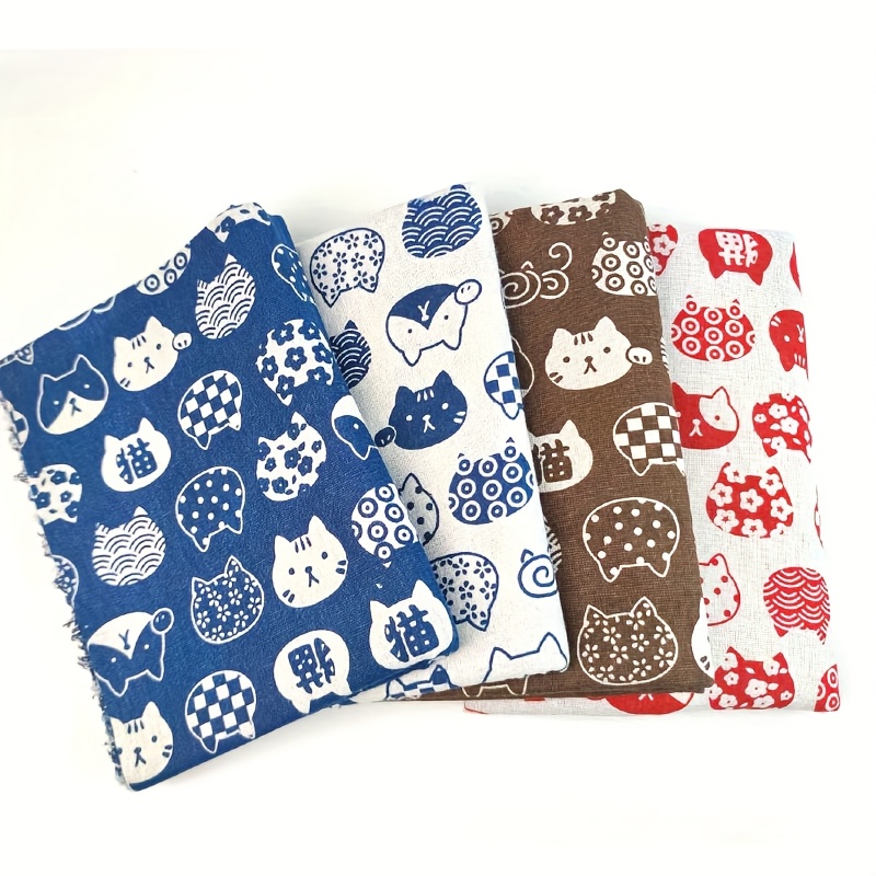 TEMU 4pcs 50x50cm Japanese Bohemian Linen Fabric - Cartoon Cat & Floral Print, Pre-cut For Diy Crafts, Quilting, Tablecloths, Pet Beds, Cushion