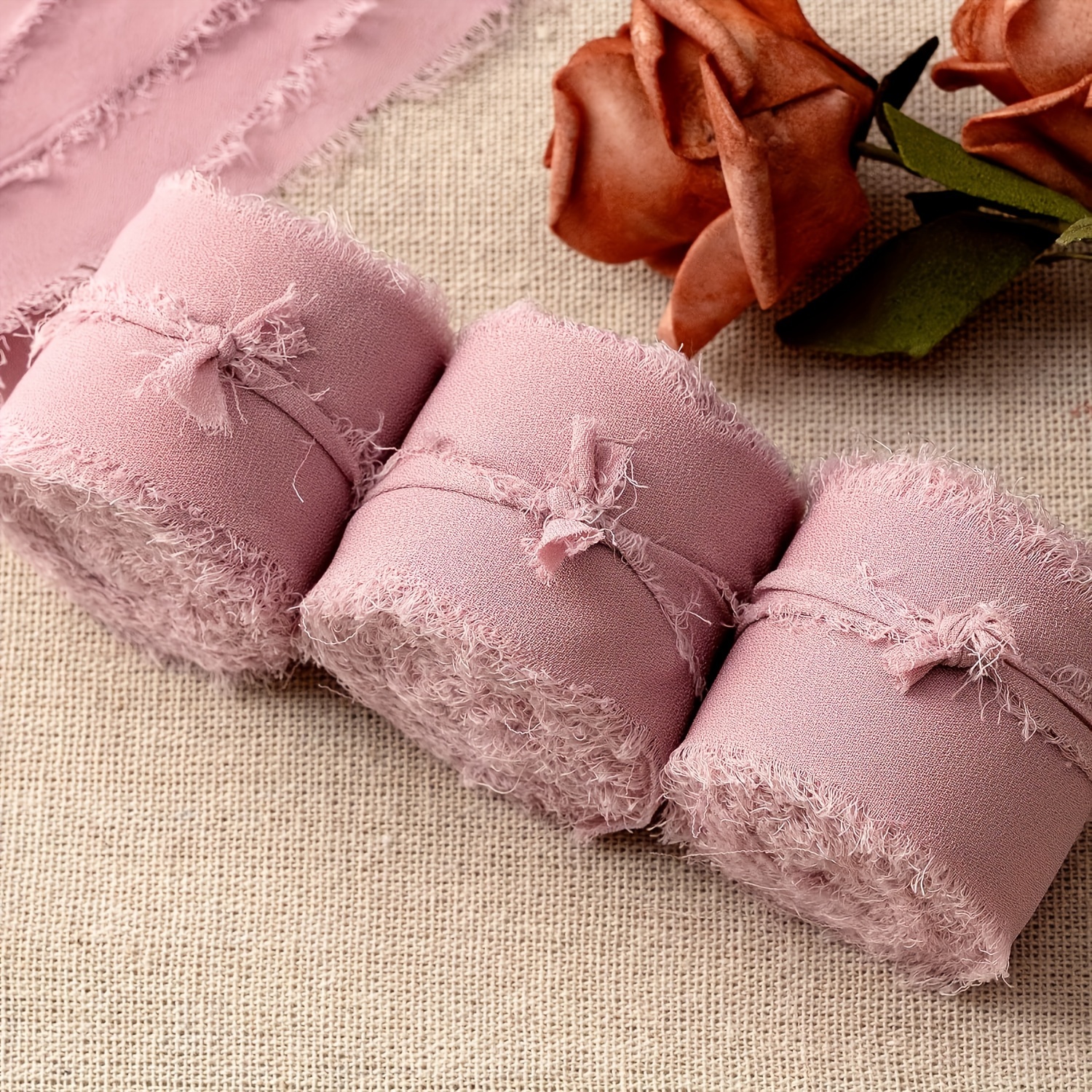 Set 3 Rotoli Nastro In Chiffon Con Frange Fatte A Mano, 3,8 Cm X 7 M, Colore Verde Erba, Per Bouquet, Inviti, Confezioni Regalo E Fai Da Te - 2