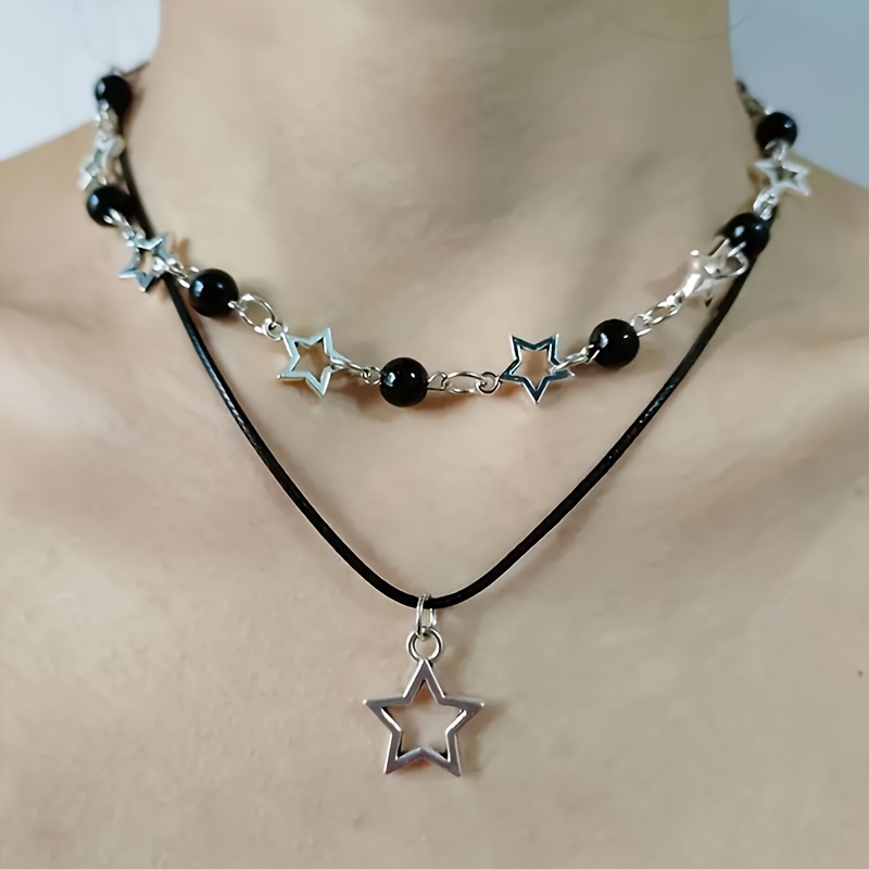 

Suteyi 2pcs Y2k Star Beaded Hollow Pendant Double Layer Necklaces, Fashionable Layered Choker For Women, No Plating Alloy Jewelry, Ideal For Daily Wear & Gift Giving - Fits All Seasons