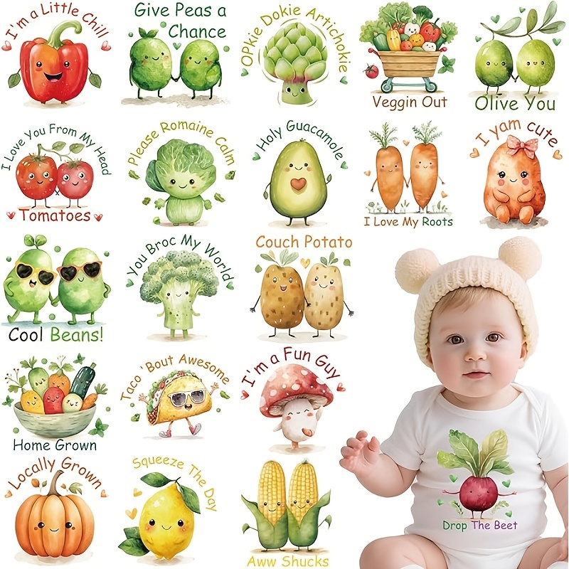 TEMU 20 Sheets Farm Vegetable Pattern Iron-on Stickers, Suitable For Onesies, Cute Dtf Transfer Stickers, Ready-to-use Heat Transfer Vinyl Material,