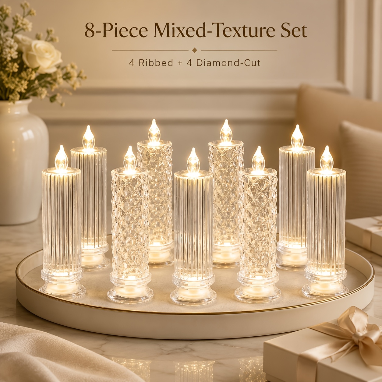 TEMU 4 Ribbed And 4 Diamond-cut Clear Battery-operated Candle Lights, 8-pack Crystal Led Flameless Candles With Push-button Switch, Warm White Table