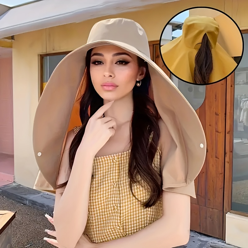 TEMU Women' Protection Hat With Neck Cover, Foldable Wide Brim Summer Beach , Lightweight Breathable For Spring-summer Season, Face Protective Outdoor Wear
