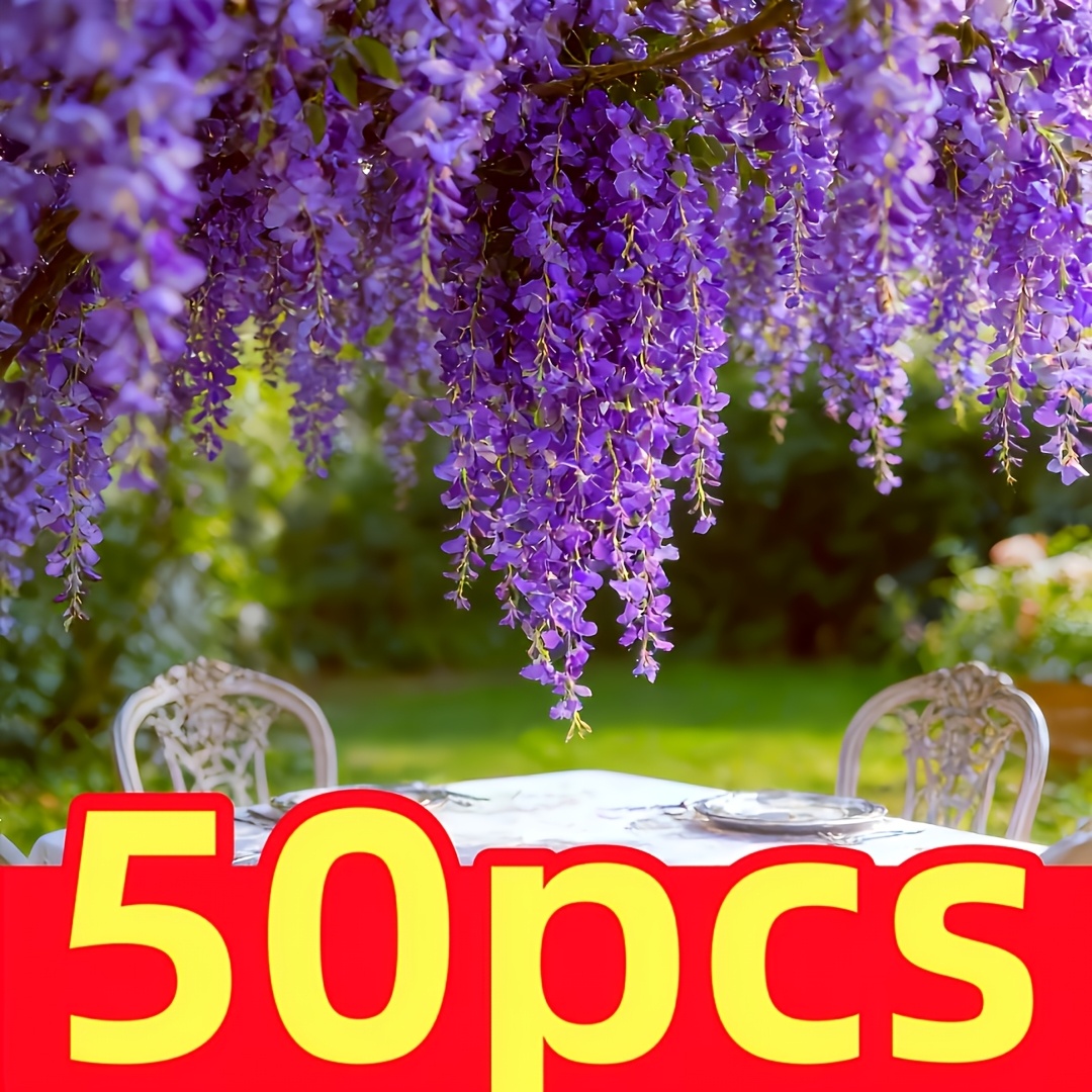 50pcs artificial purple wisteria flowers dense   wisteria vine hanging garland outdoor artificial flowers holiday decor floral vine decor home decor outdoor garden decor suitable for valentines day wedding decor hotels balls gardens