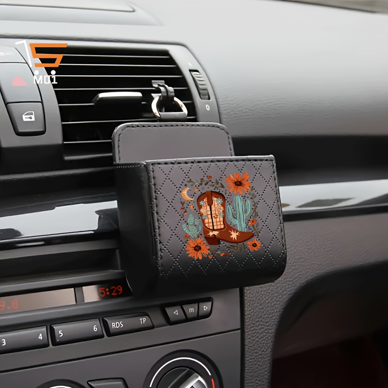 TEMU 1pc Cowboy Boot Floral Cactus Moon Western Pattern Print Car Vent Hanging Storage Box Car Organizer Multifunctional Phone Holder Pu Leather Car