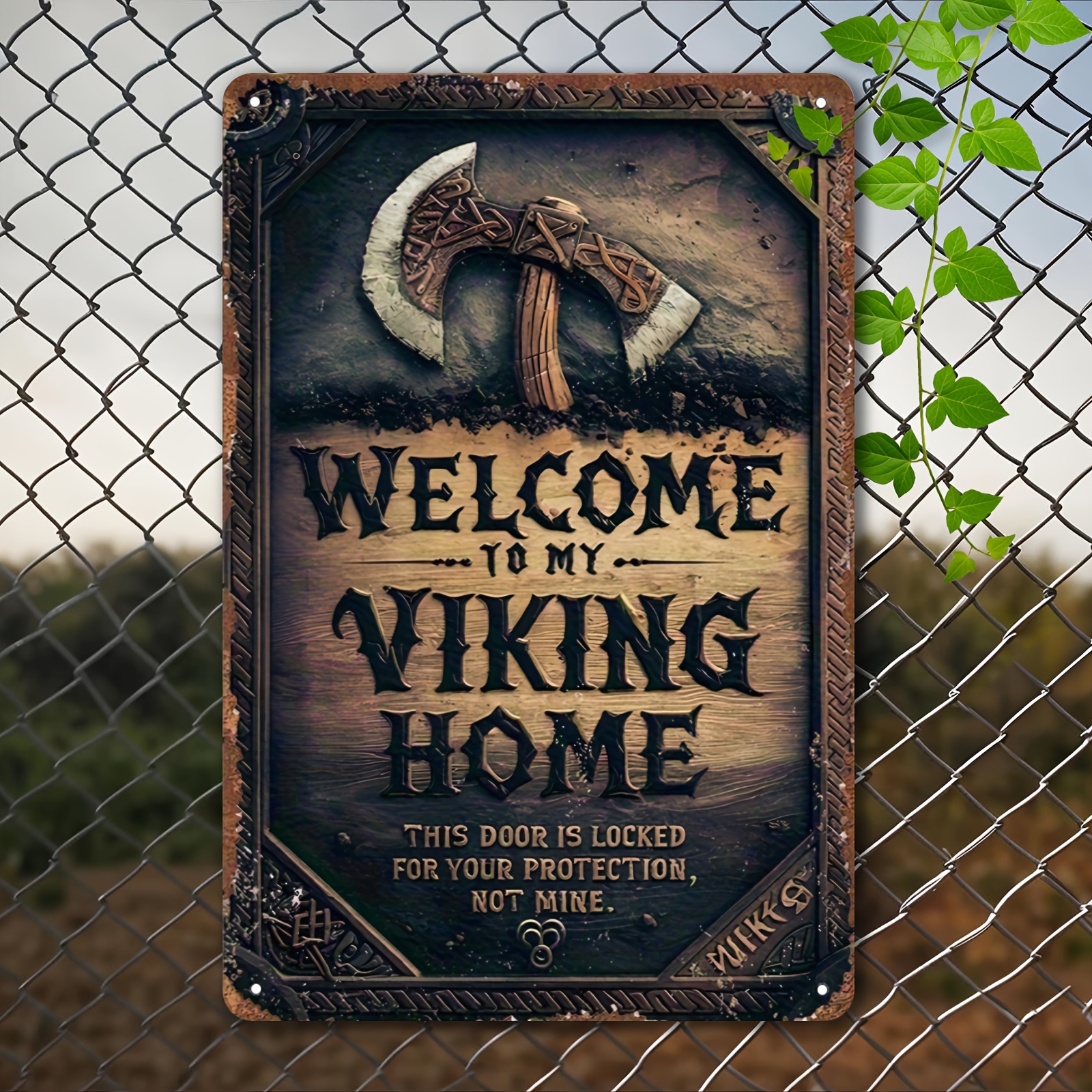 TEMU 2d Flat, 1pc Welcome Sign - "welcome To My Home" Norse Metal Wall Decor With Axe & Shield - Iron Age For Home, Bar, - Party Decoration 8"x12"