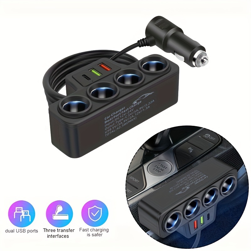 

3-port Multi-function Fast Charging Car Charging Real-time Digital Display Blue Atmosphere Light Ring Can Charge Multiple Devices