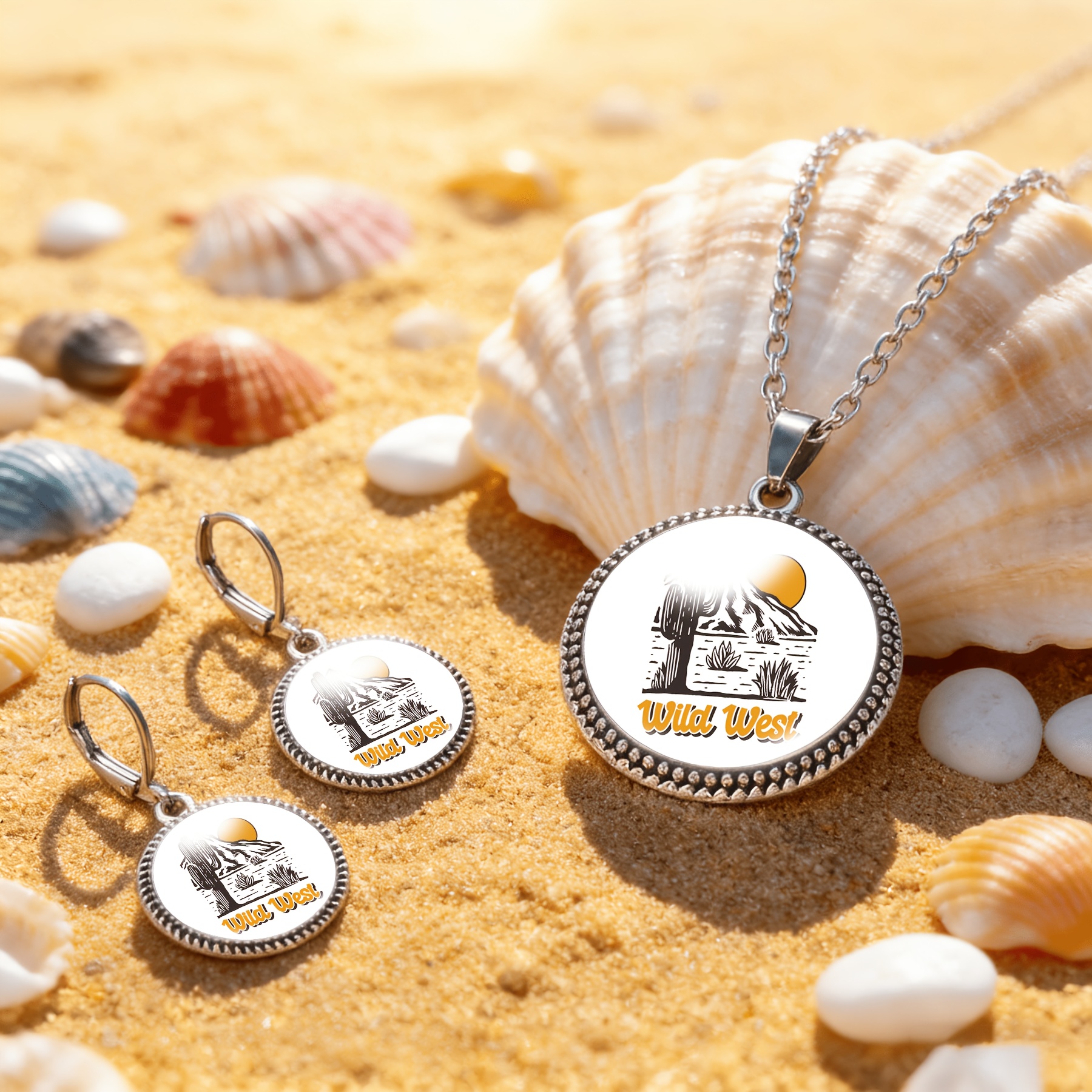 3pc Adventure-Themed Women's Necklace & Earrings Set, Round Glass Design