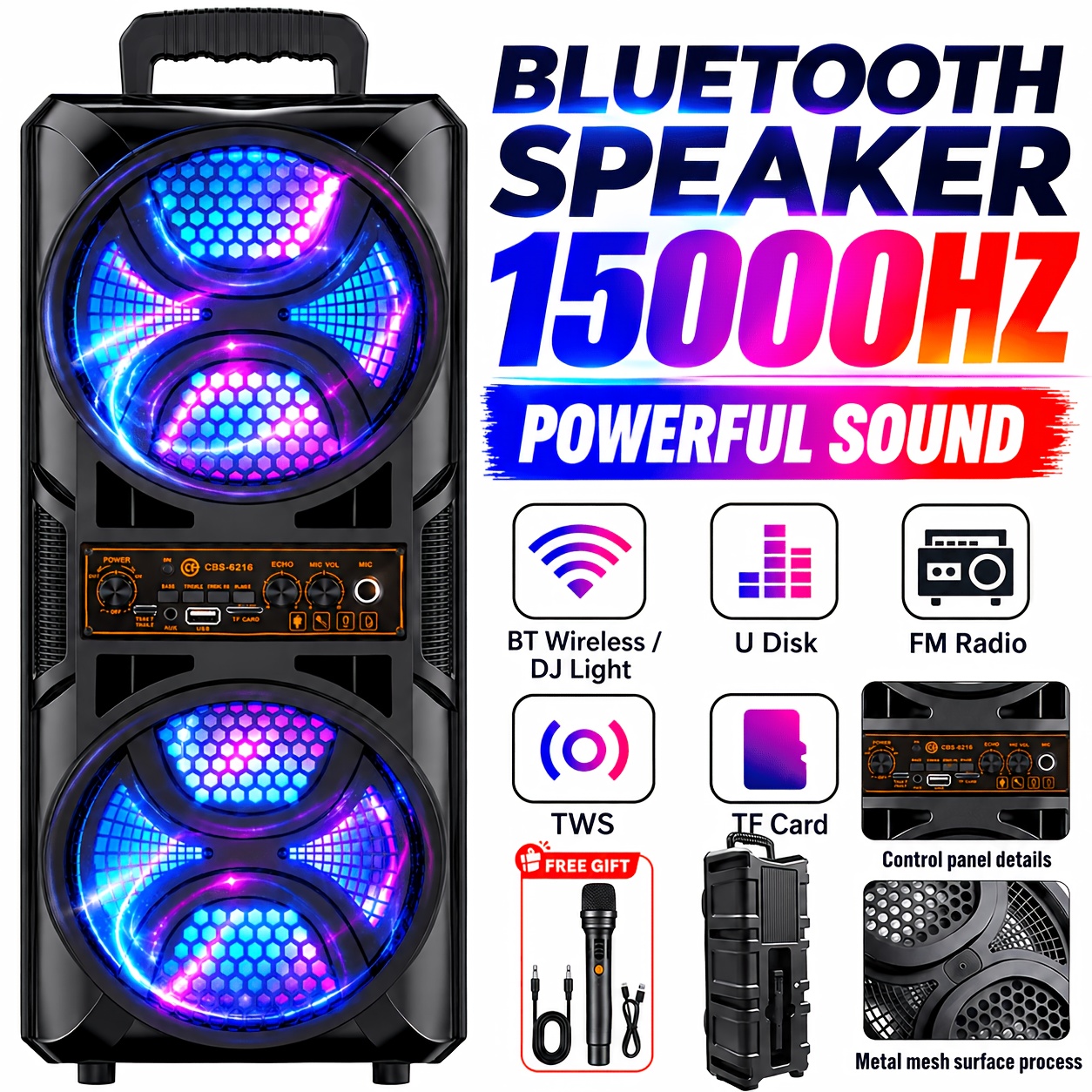 Portable Bluetooth Speaker, Bluetooth 6.0 Subwoofer, Stereo & Colorful Led Lights, Fm/tf/usb/tws/mic , Perfect For Outdoor Parties And Holiday Gifts