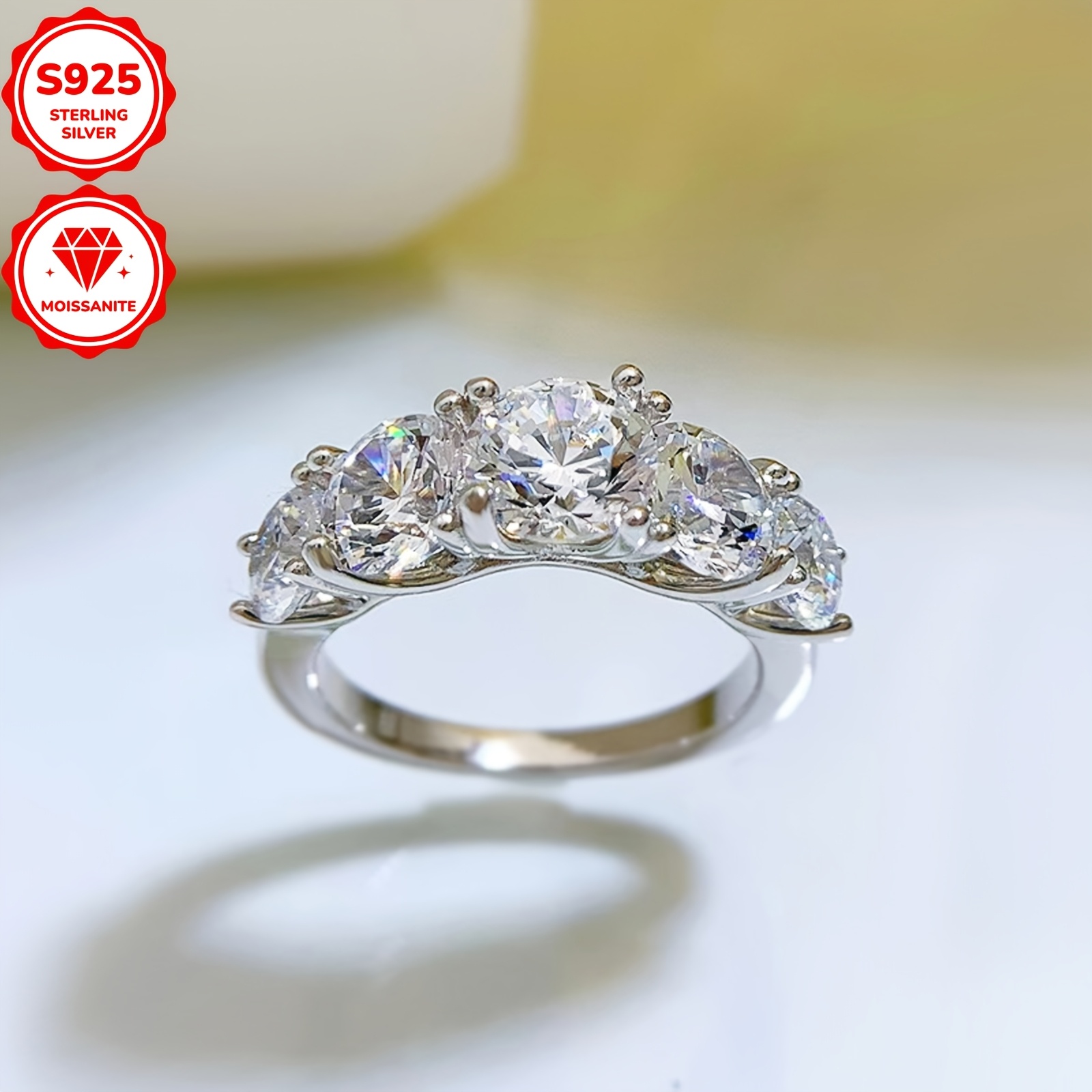 Moissanite 5 Stone 925 Silver Ring, 6.5mm Round Moissanite