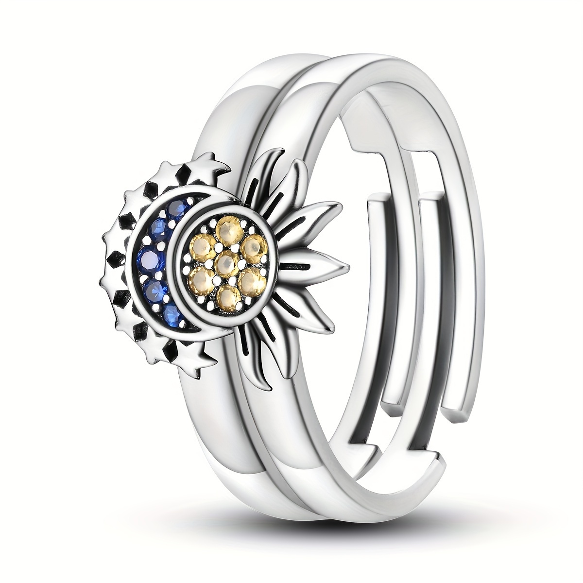 925 Sterling Silver Adjustable Ring, Moon and Sun Design