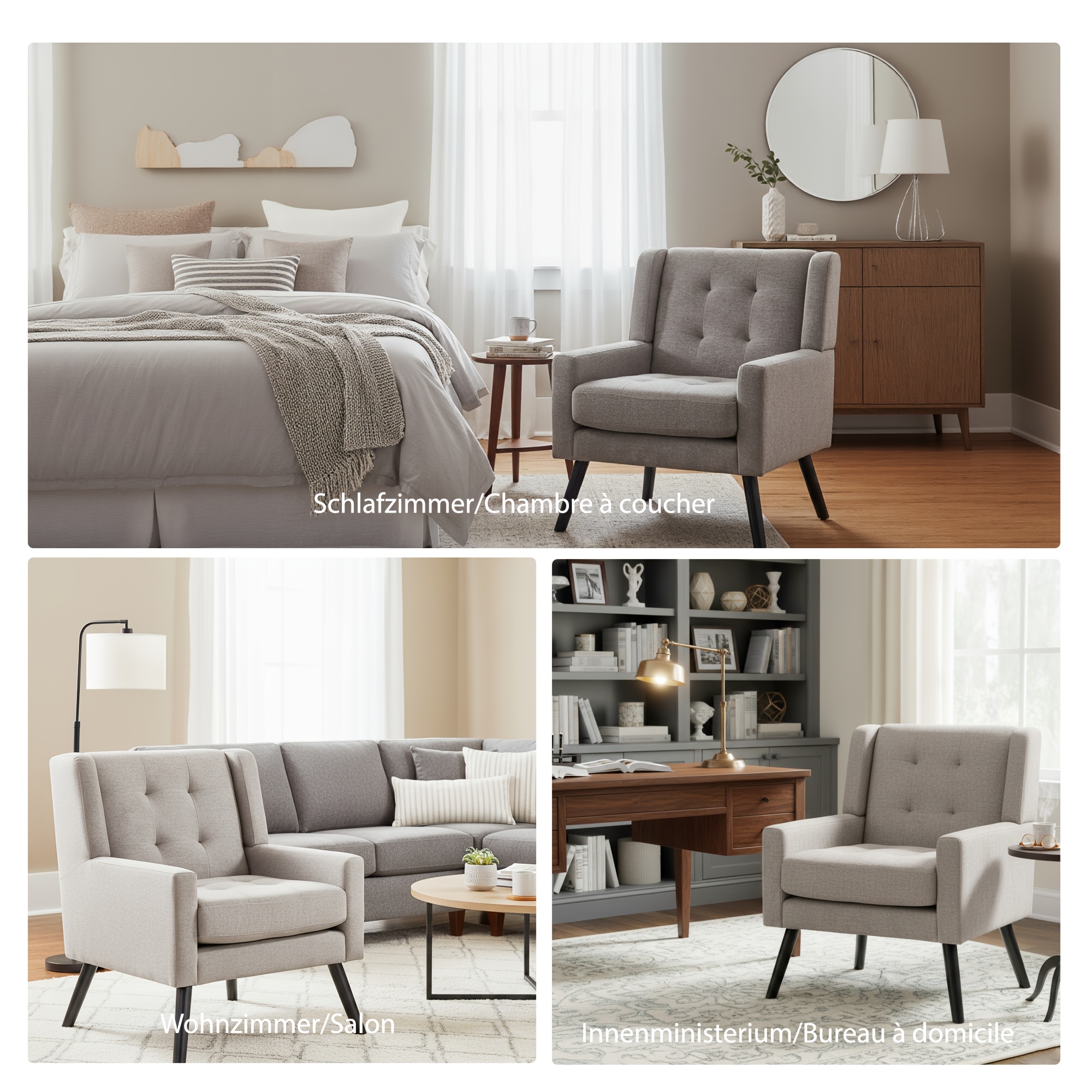 Mid-Century Modern Tufted Accent Chair, Ergonomic Wingback Armchair with Detachable Armrests, Linen & Suede Fabric Lounge Chair for Living Room Bedroom Office