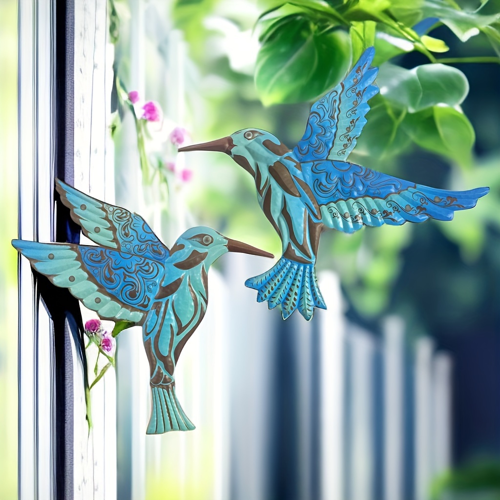 

2 pièces de décoration murale en forme de colibri en métal, art en fer bleu-vert 3D, ornements suspendus pour jardin, patio, balcon, clôture, salon, décoration de bureau