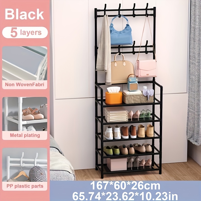 

1pc Premium Carbon Rack With 5-tier Shoe Shelf - Multi-functional, Foldable Design For Entryway Organization - Double-row Hooks For Coats, Hats, Bags & More - Assembly, Black & White Options