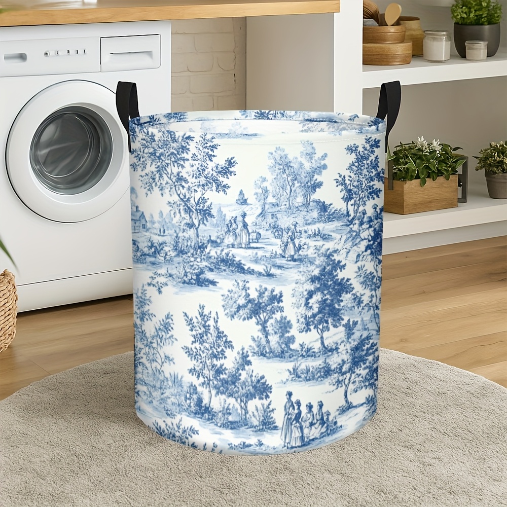 TEMU 1 panier à linge Dokriy avec motif toile de bleu et blanc, pliable, idéal pour les vêtements. Il peut également utilisé panier à linge rond pour