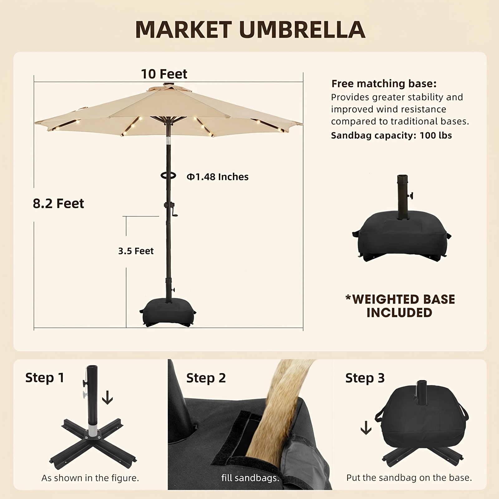 [Christmas & Halloween] Deluxe 32 LED Lighted Patio Umbrella - Navy Blue/Beige/Red/Brown, Solar 10Ft Market Umbrella with Base, Outdoor Table Umbrella with Ventilation, Solar Umbrella with Push Button Tilt/Crank for Garden, Deck, Backyard, Pool, Christmas & Halloween