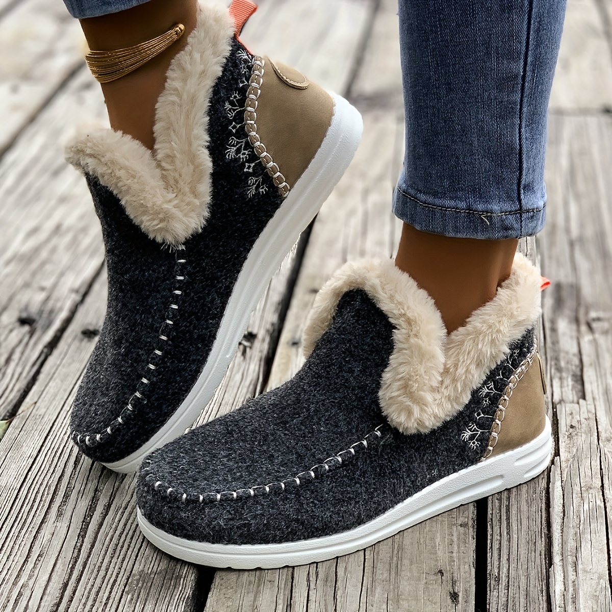 

Women's Flat Furry Shoes, Cozy Slip-on Sneakers With Warm Plush Lining, Shoes For Winter