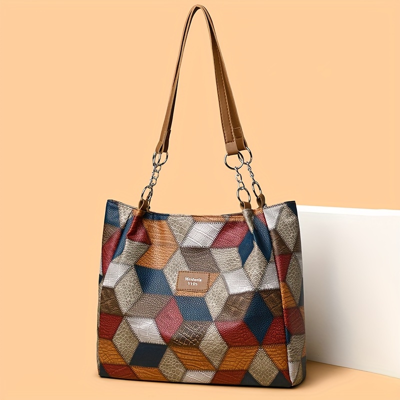 

Geometric Color Block Tote Bag, Vintage Travel Shoulder Bag, Patchwork Cube Design, Casual Faux Leather Bag