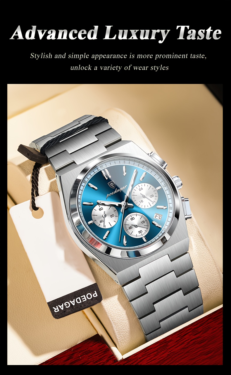 high end business luxury stainless steel quartz watch mens waterproof luminous calendar chronograph wristwatch details 3