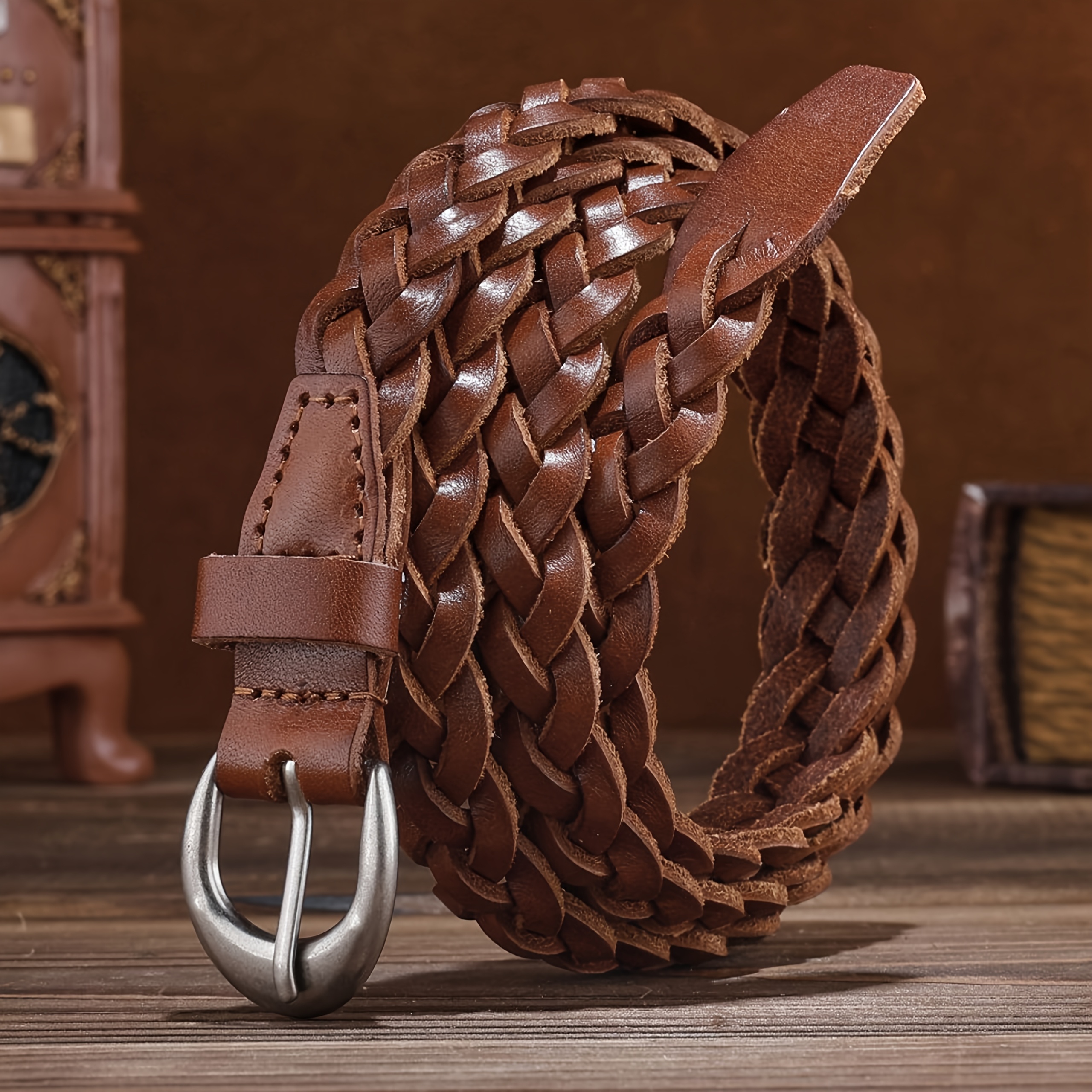 TEMU Genuine Leather Women's Belt With Intricate Braided Design â Durable Metal â Elegant Colors In Black, Brown, And Coffee â Perfect For Casua