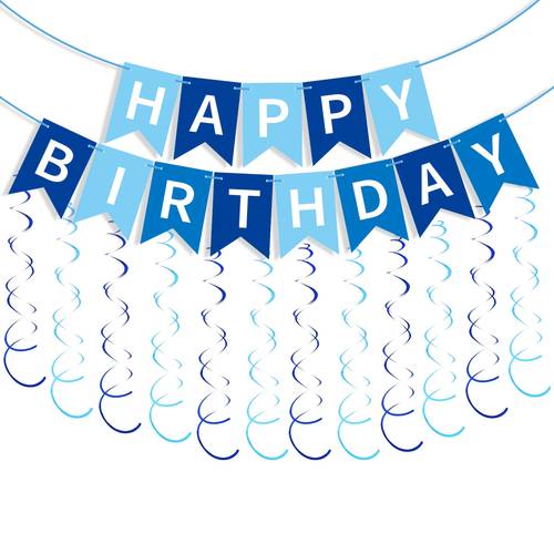 1set blue happy birthday paper banner flag bunting and circle confetti garland with 12pcs swirl streamers for birthday party decorations birthday supplies backdrop party decor