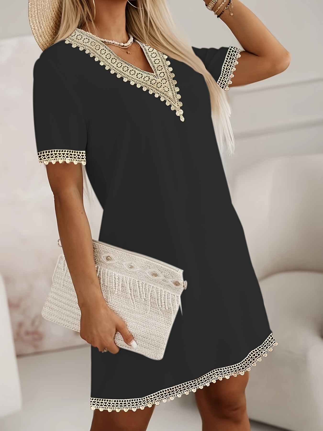 elegant black v neck dress white lace trim short sleeve knee