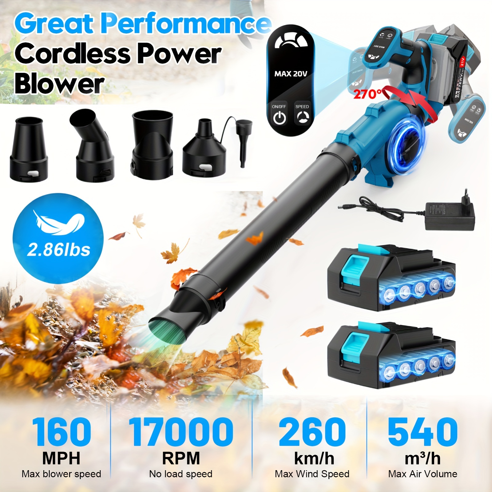 

21v Leaf Blower Battery With 2 Pieces 3000mah Battery, 260 Km/h Battery Blower With 4 Blowing Nozzles, 17000rpm 3 Leaf Blower With Battery And Charger For Garden, Lawn Care,