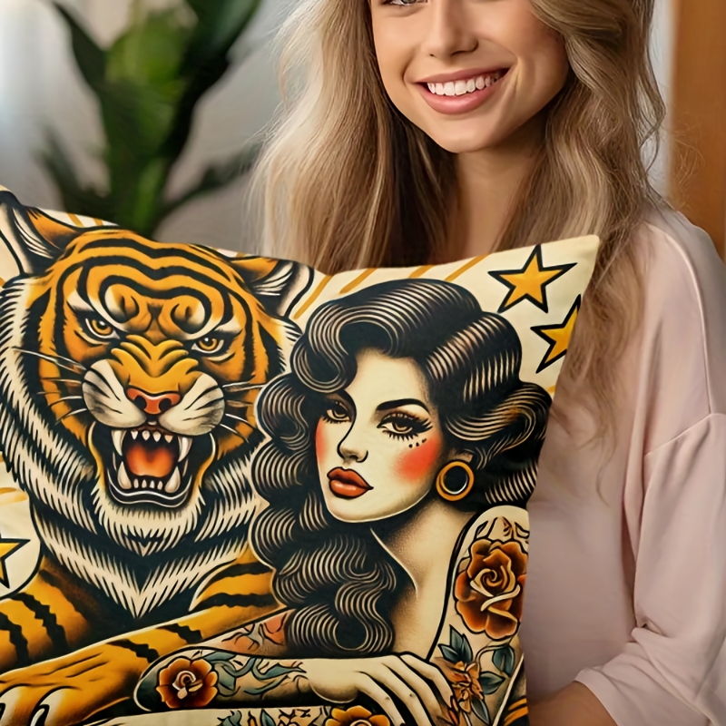 

1pc Vintage Tiger And Beauty Tattoo Design Decorative Pillow Cover, Hypoallergenic Polyester Knit Fabric, Machine Washable, Zippered For Bed, Sofa, Chair, Home Decor - Double-sided Print (no Insert)