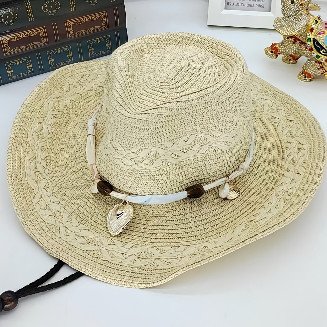 TEMU Panama Straw Hat, Seashell Chain Cowboy Hat, For Sun Hat, Lightweight And Breathable For, Perfect For Beach Vacations And Daily Wear