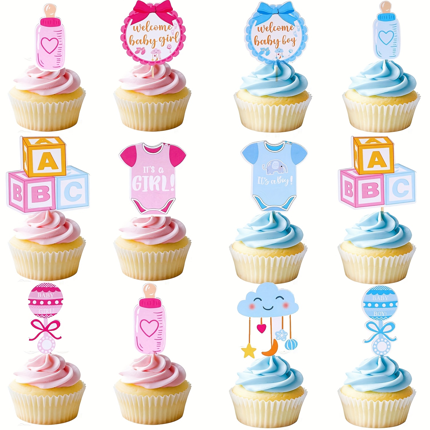 Image of 24pcs Gender Reveal Cupcake Toppers Glitter Bottle Cupcake Picks Baby Shower Cake Topper Decorations For Birthday Party Cake Decorations Supplies