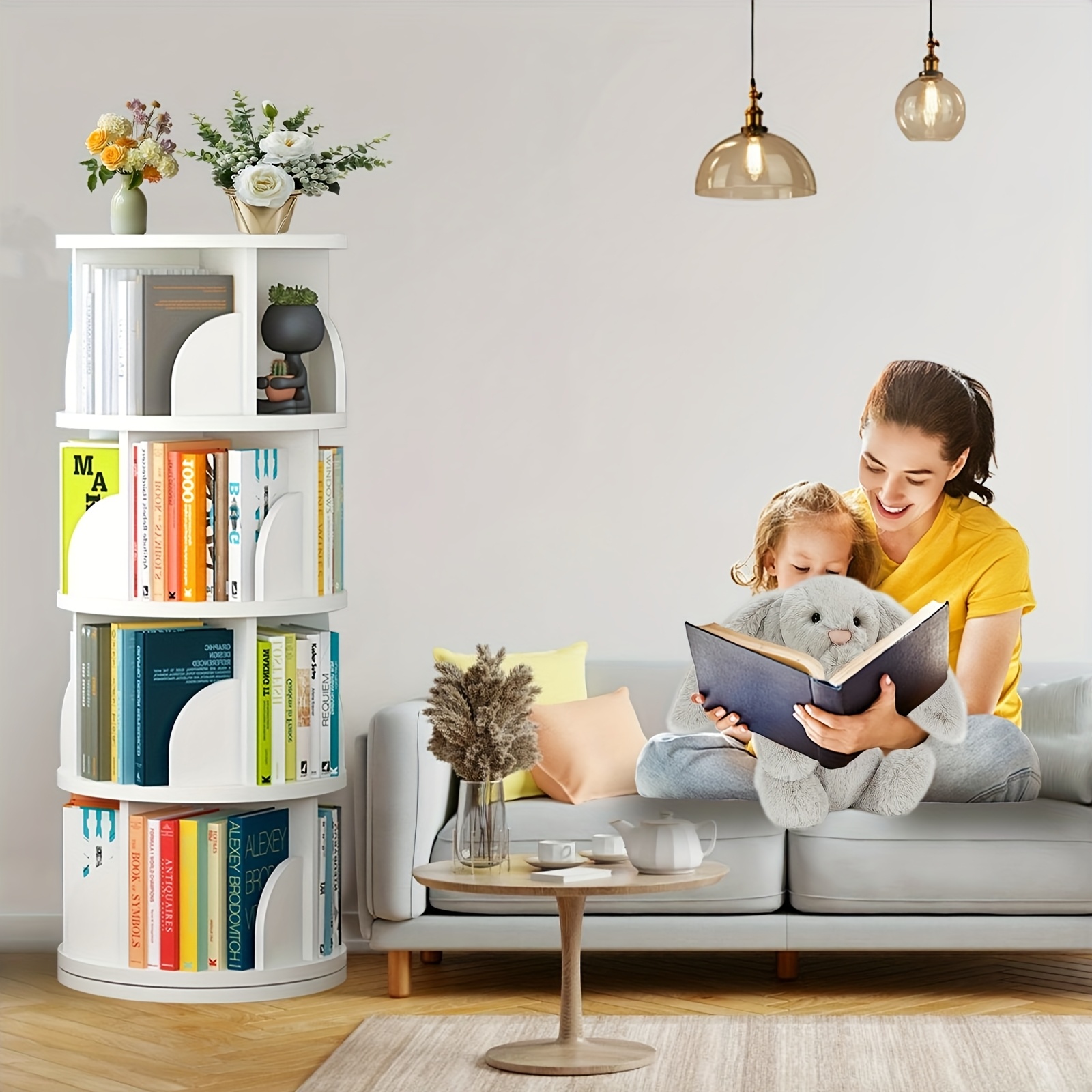 360° Rotating Wooden Book Tower, Spinning Bookshelf with 4/5 Tiers for Office, Living Room, And Room