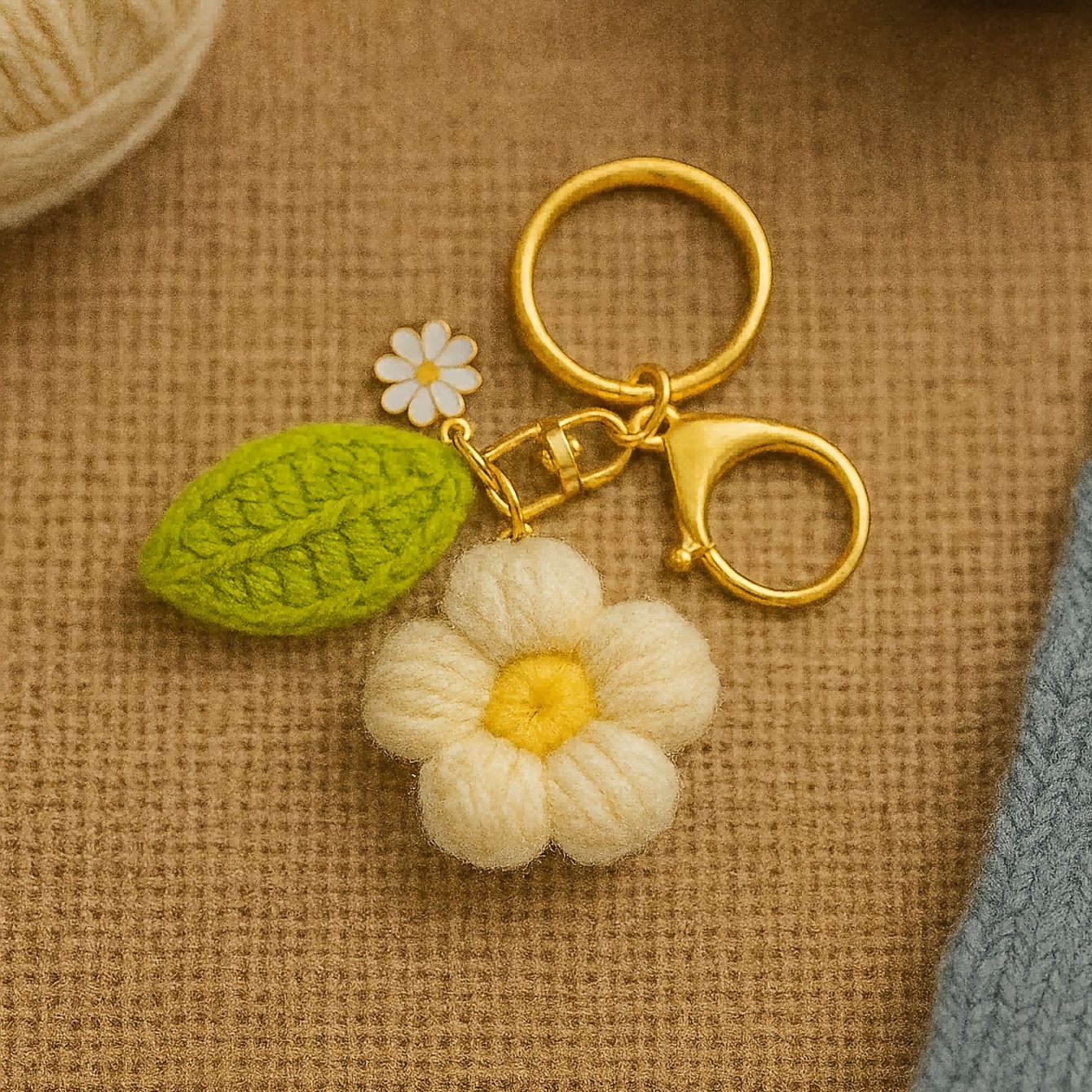TEMU 1pc Handmade Exquisite Puff White Flower Green Leaf Keychain Key Ring Key Chain Floral And Bird Pattern Plant Leaf Pattern Casual Cute Elegant
