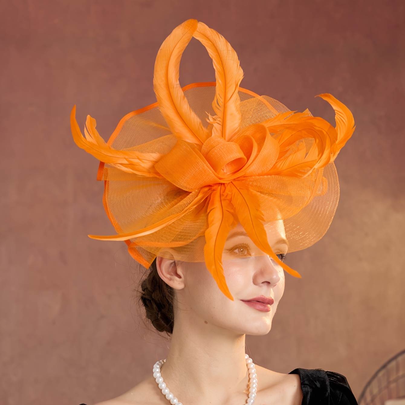 TEMU Elegant Bowler Wide-brimmed Tea Party Valentine's Day Hat With Feather Trim Decorative Headband In Multiple Colors