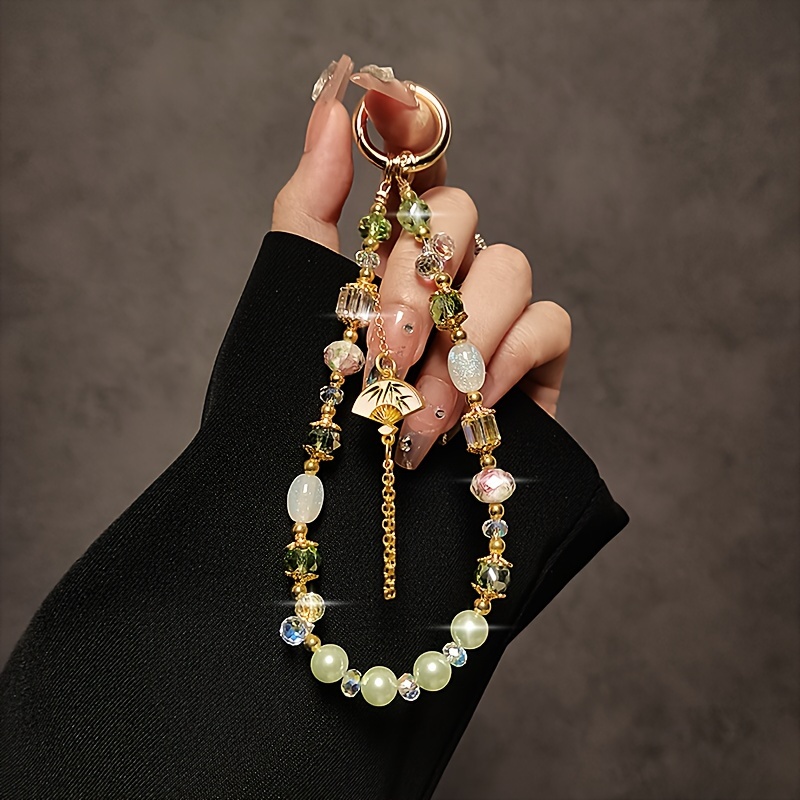 

Chinese Style Tassel Bead Hand Chain Wrist Short Hanging Rope With Clip Phone Case Keychain Bag Pendant Female Trendy Chinese Style Green Bead White Fan Pendant Bracelet With Transparent Clip