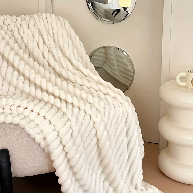 contemporary striped plush throw blanket   knitted polyester bed blanket machine washable soft and cozy for bedroom sofa and outdoor use 1pc thick   geometric pattern details 5