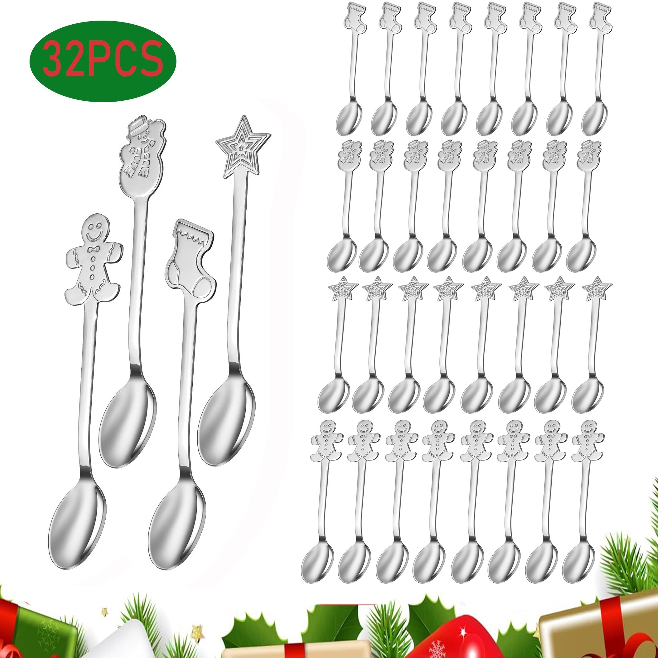 

32pcs Christmas Spoon Set - Steel Stirring & In 4 , For , Tea, And Parties - Dishwasher Safe