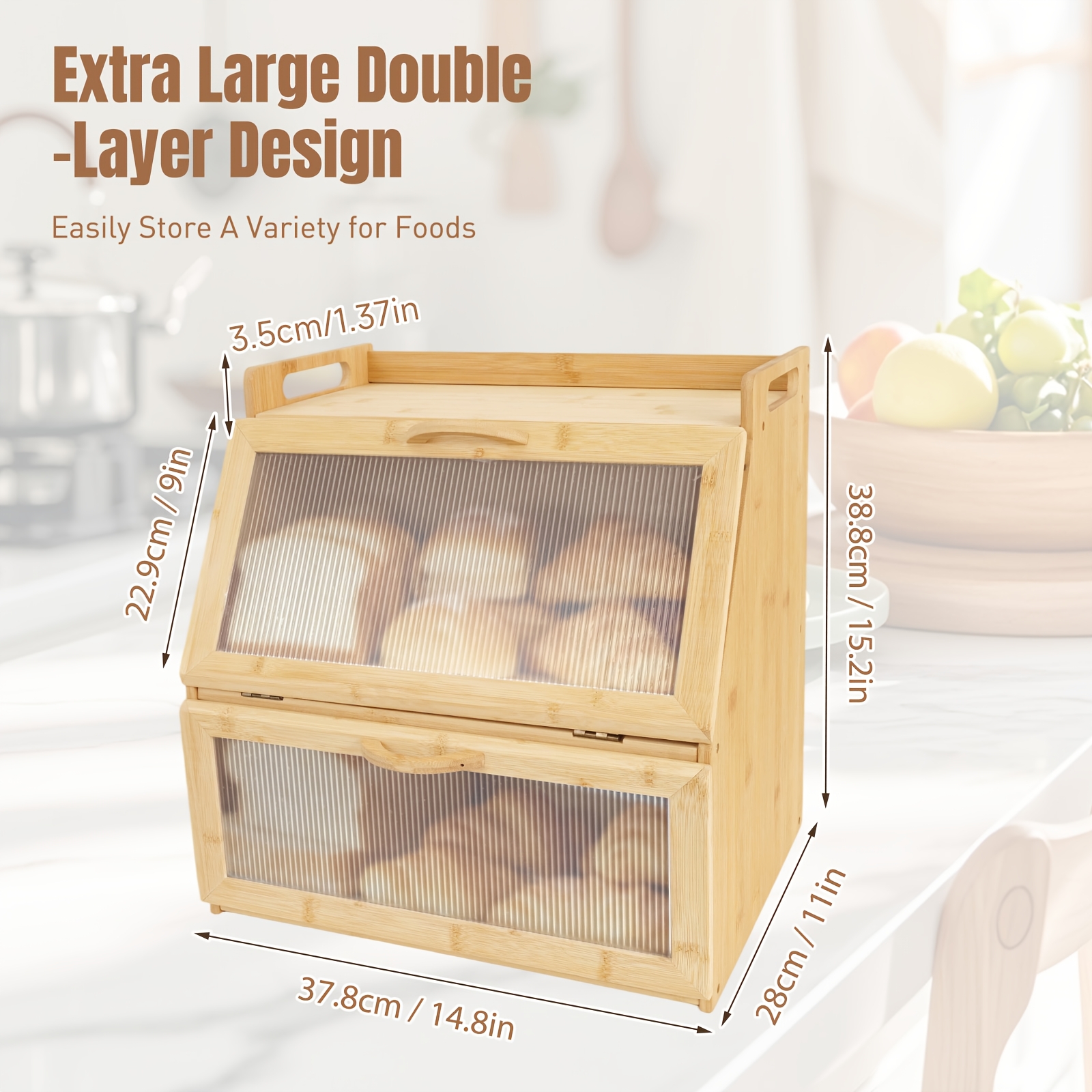 Large Bamboo Bread Box With Ventilation System & Lid Suitable For Squirrels, Bread Storage - 2-tier Viewing Window Bread Bin, Bamboo Container Pantry, Rolls, Bread Preservation, Proof