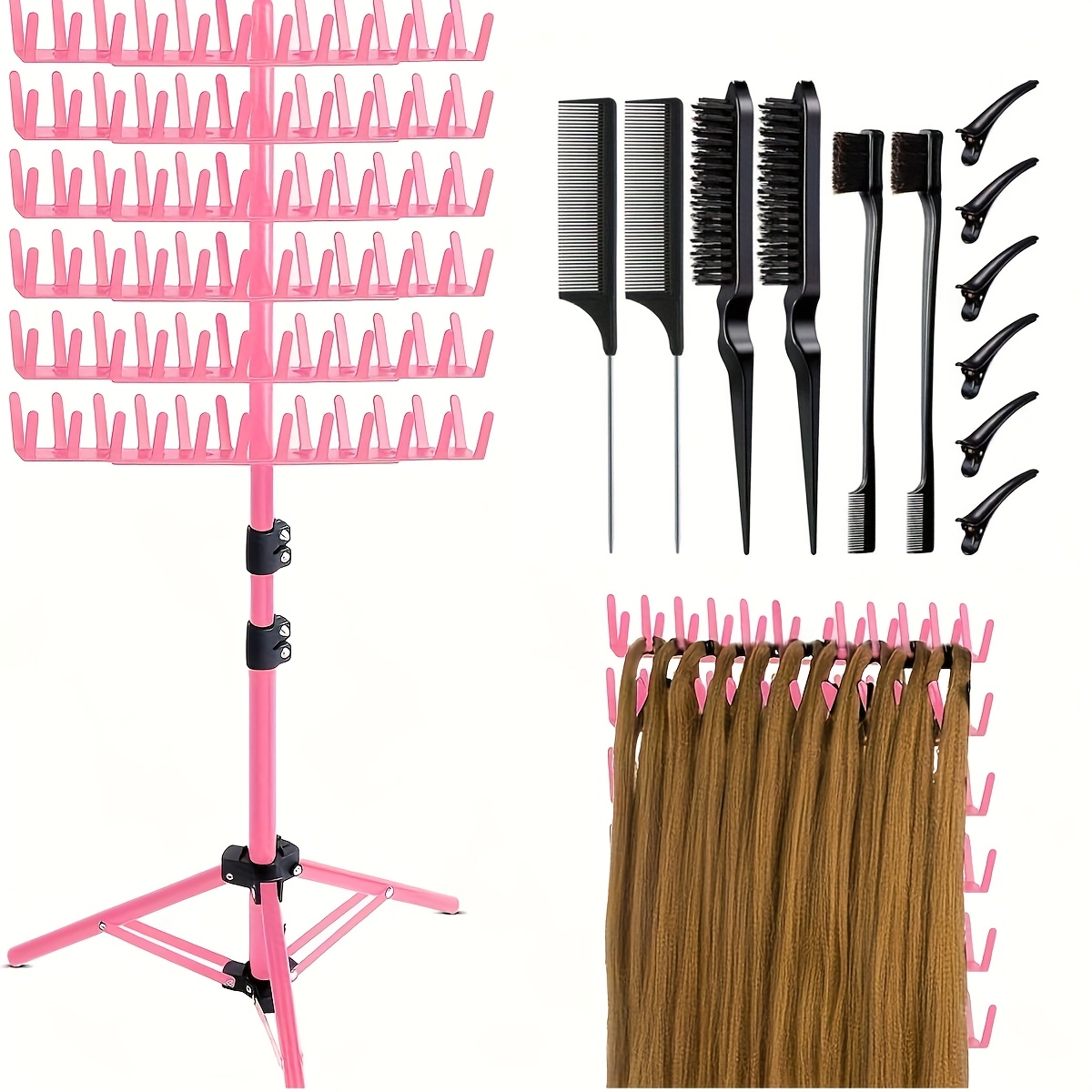 E-shop Haarflechtständer Stehender Haarverlängerungshalter Hänger, 12-teiliges Haarbürstenset mit 144 Pins Haarteileregal für Haarflechtseparator