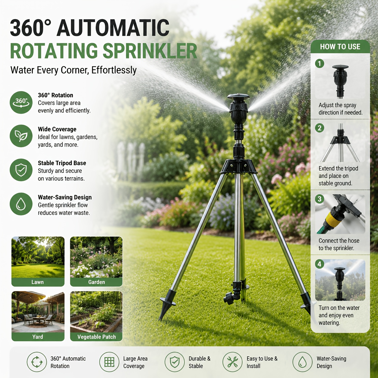 360° Rotating Tripod Garden Sprayer With Nozzle, Manual Metal Lawn Sprayer For Large Area Coverage, Height Adjustable, Portable And Durable For Efficient Yard Maintenance