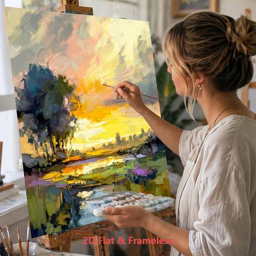 item picture professional art use 2d flat 1pc frameless beginner painting set abstract field and river painting set at sunset suitable for beginners coloring hand painted