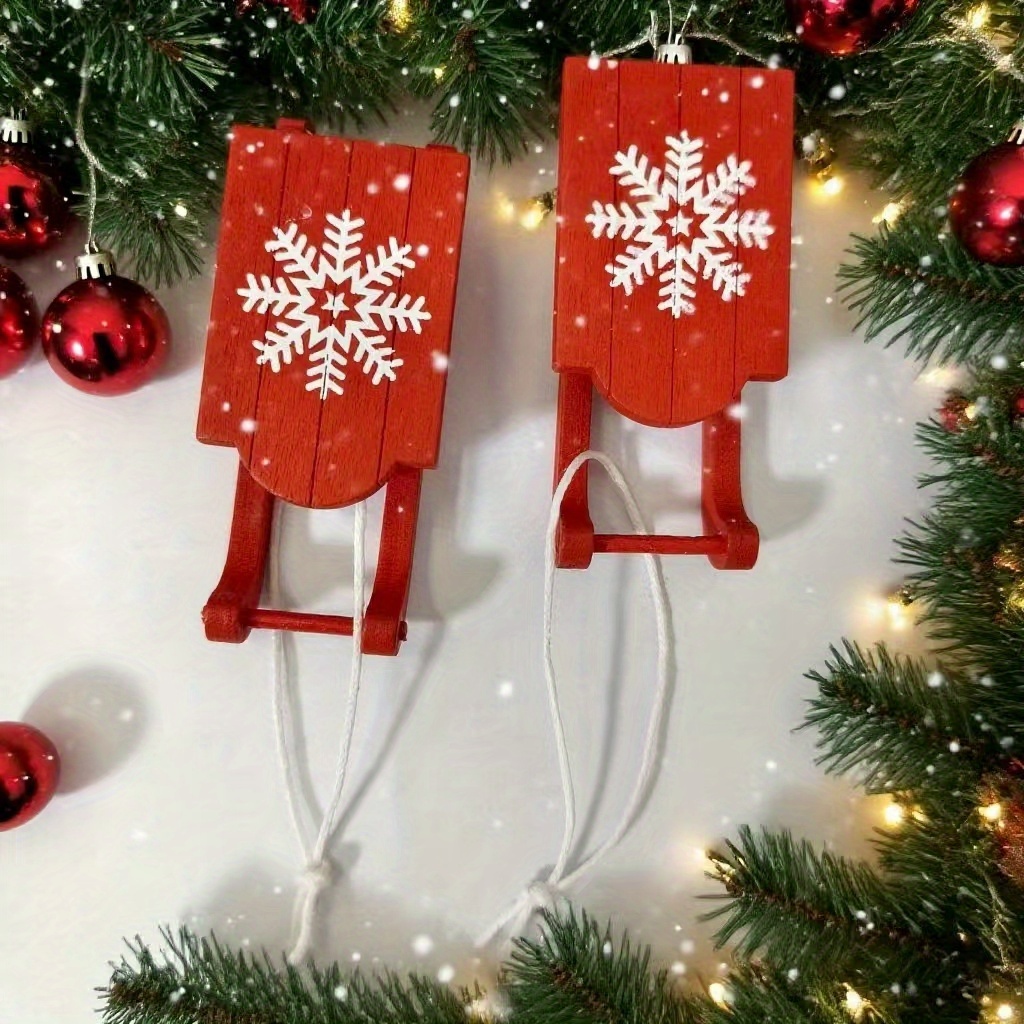 2 Holiday Pendants For Hanging Decoration, Christmas Sleigh Ornaments Designs: White With Blue Snowflakes And Red With White Snowflakes. Used As Hanging Ornaments Or Tabletop Decorations
