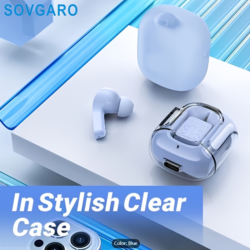 Wireless Earbuds 5.3, 24-Hour Battery Life, LED Power Display Transparent Charging Case, Cute Light Blue In-Ear Headphones, Suitable for Women And Girls, Ideal for Sports, Travel, And More, Compatible with Iphone And Android Devices