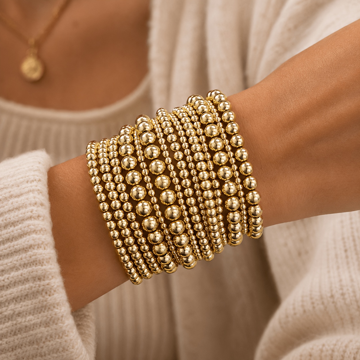 TEMU 14pcs Tuurin Women' Golden Beaded Stretch Bracelet Set - -coated Ccb Ball Layered Stackable Jewelry, Non-metal Beads Suitable For