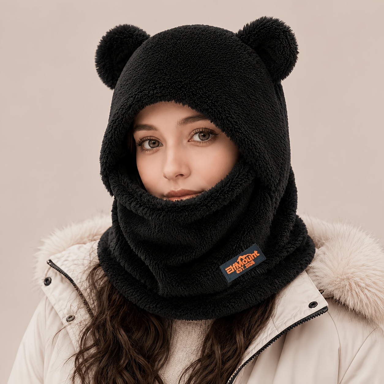 TEMU 2026 Autumn Hooded Beanie, Fleece-lined Warm Hat, Easy Versatile Style, -piece Cute Riding Hat, Women's Balaclava Hat, Women's Outdoor Hat