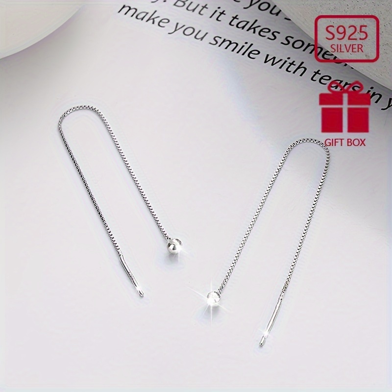 

925 Sterling Silver Tassel Earrings, Hypoallergenic Minimalist Long Chain With Small Bead, Luxurious Lightweight Fashion Ear Threads For Women